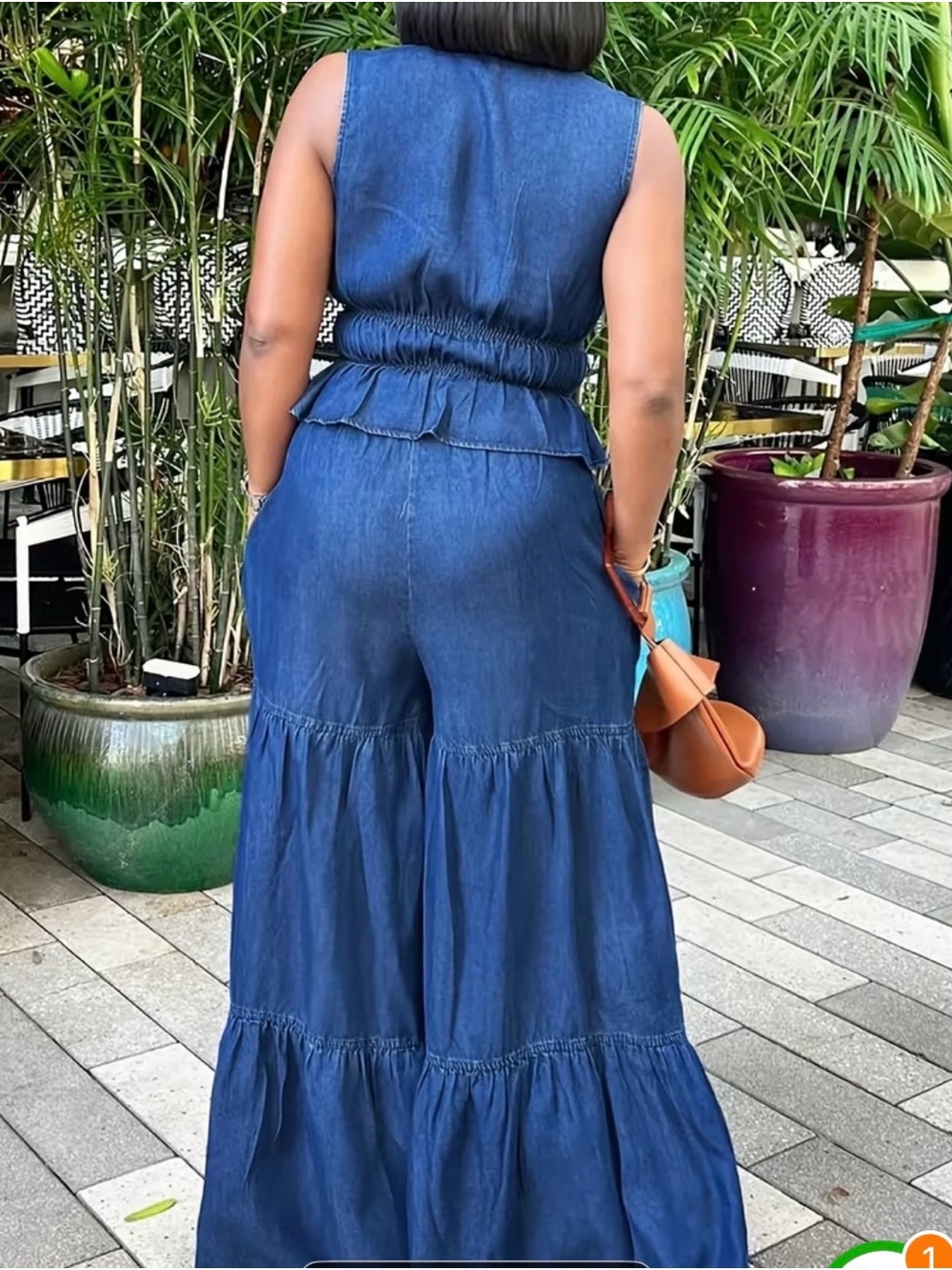 Sleeveless Denim Blue Tiered Wide-Leg pant & top - Picture 3 of 9